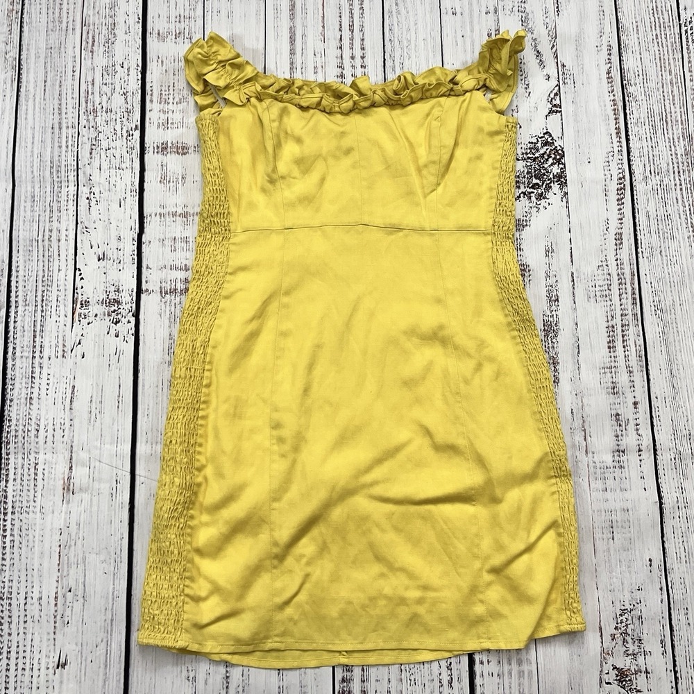 ASTR The Label Yellow Lemon Mini Dress Womens L Linen Blend Shirred Side Resort - Picture 2 of 9